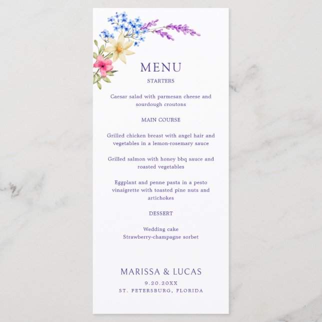 Bright Vivid Colours Wildflowers Wedding Menu (Front)