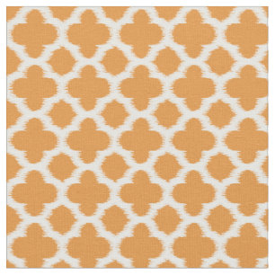 Bright Vivid Orange White Ikat Quatrefoil Pattern Fabric