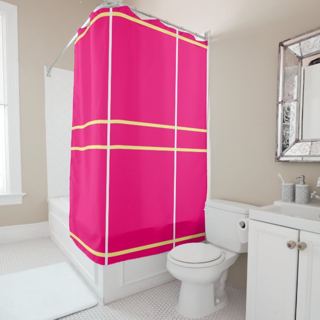 Bright Vivid Pink Pastel Yellow Geometric  Shower Curtain (In Situ)