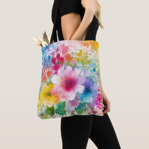 BRIGHT WATERCOLOR ABSTRACT FLOWERS TOTE BAG