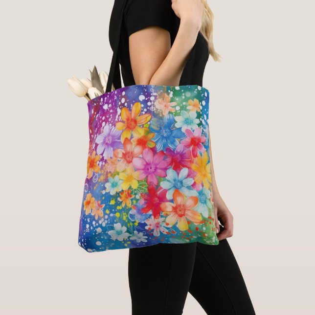 BRIGHT WATERCOLOR ABSTRACT FLOWERS TOTE BAG (Close Up)