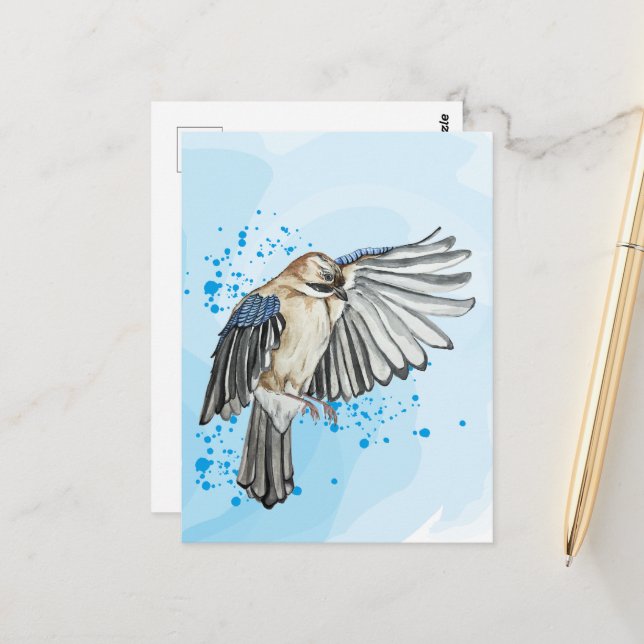 Bright watercolor blue jay postcard (Front/Back In Situ)