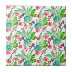 Bright Watercolor Cactus & Succulent Pattern Ceramic Tile