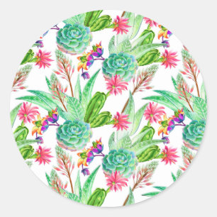 Bright Watercolor Cactus & Succulent Pattern Classic Round Sticker