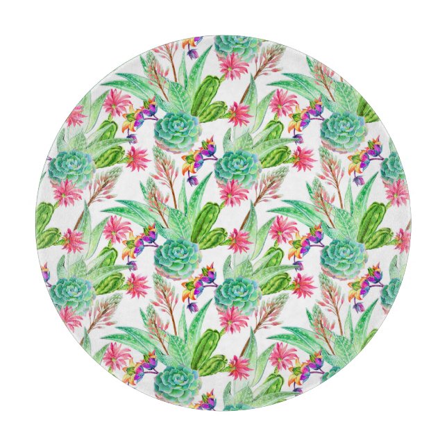 Bright Watercolor Cactus & Succulent Pattern Cutting Board (Front)
