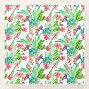 Bright Watercolor Cactus & Succulent Pattern Glass Coaster