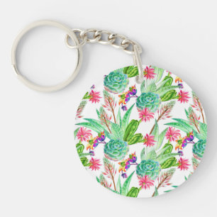 Bright Watercolor Cactus & Succulent Pattern Key Ring