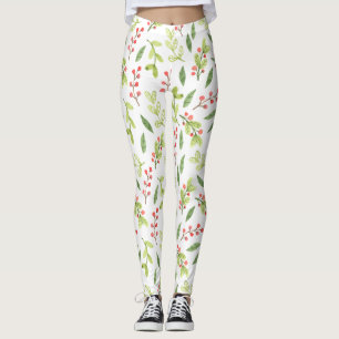 Bright Watercolor Christmas Mistletoe Pattern Leggings