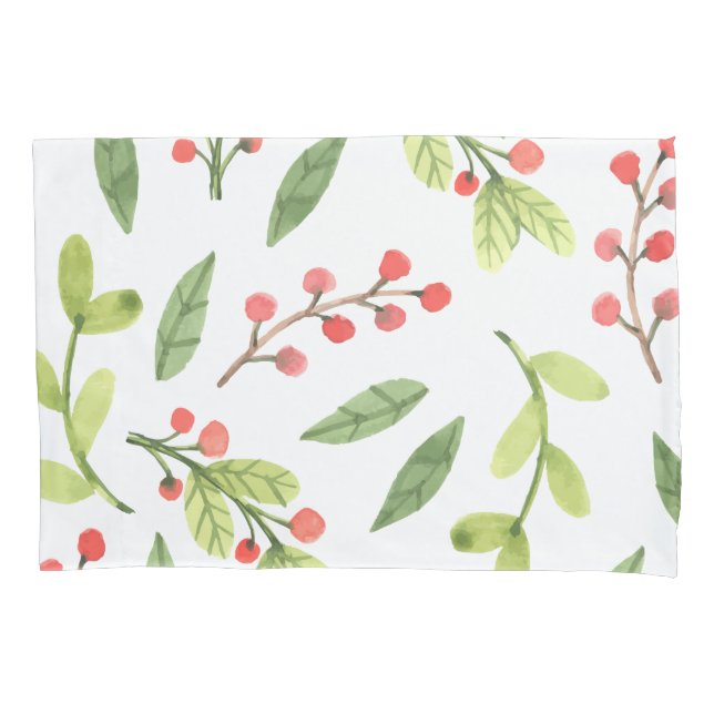 Bright Watercolor Christmas Mistletoe Pattern Pillowcase (Front)
