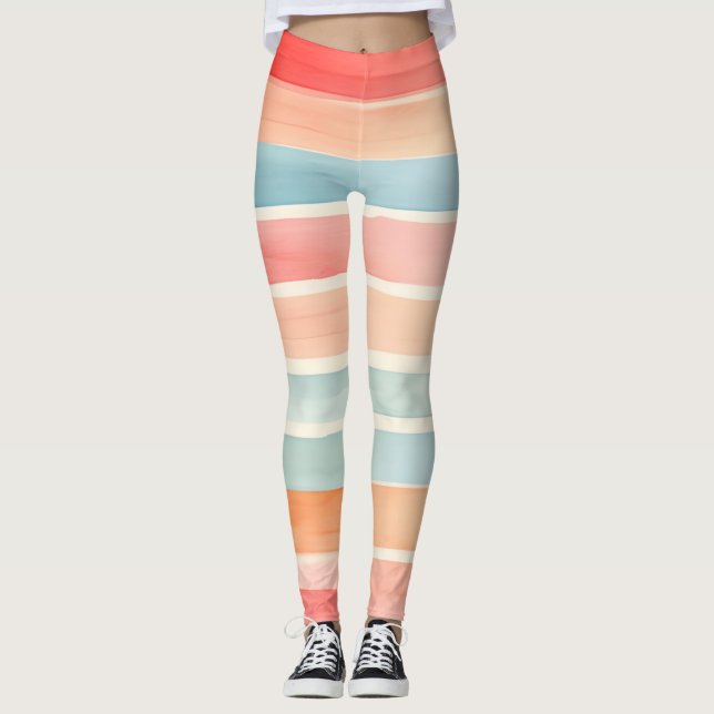 Bright Watercolor Colourful Stripe Pattern Leggings (Front)