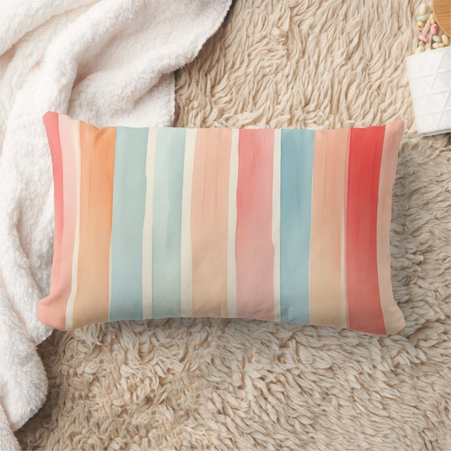 Bright Watercolor Colourful Stripe Pattern Lumbar Cushion (Blanket)