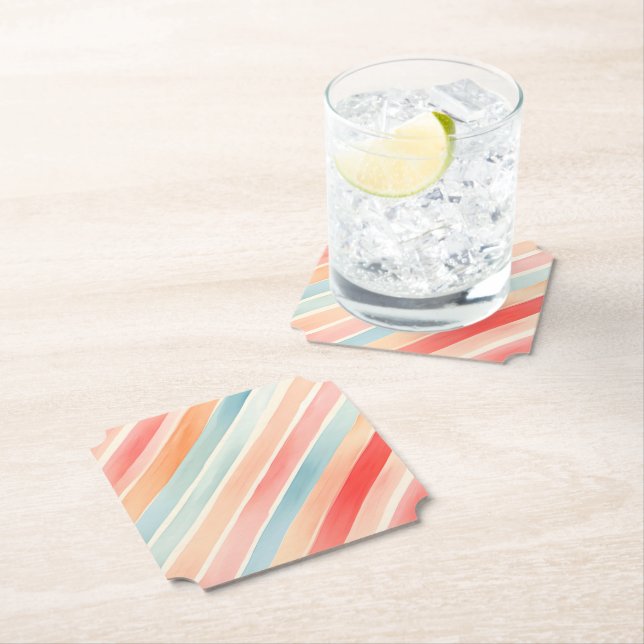 Bright Watercolor Colourful Stripe Pattern Paper Coaster (Insitu)