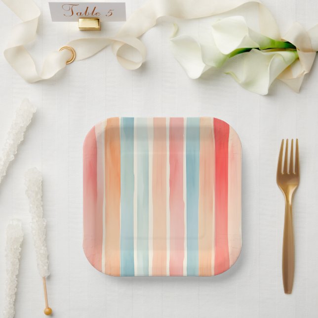 Bright Watercolor Colourful Stripe Pattern Paper Plate (Wedding)