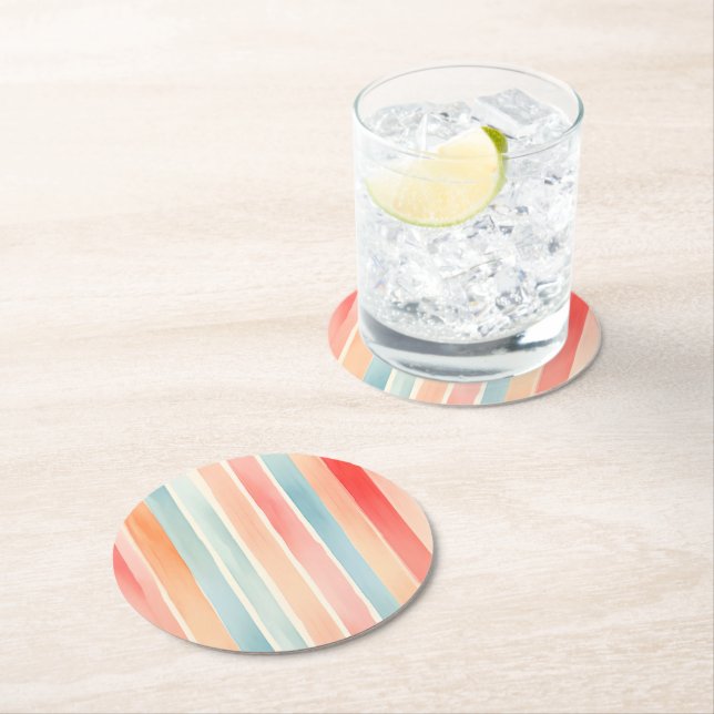 Bright Watercolor Colourful Stripe Pattern Round Paper Coaster (Insitu)