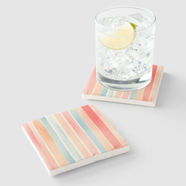 Bright Watercolor Colourful Stripe Pattern Stone Coaster (Side)