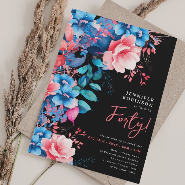 Bright Watercolor Floral 40th Birthday Black  Invitation (Bright Watercolor Floral 40th Birthday Black Invitation)