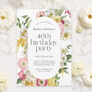 Bright Watercolor Floral 40th Birthday Party Invitation