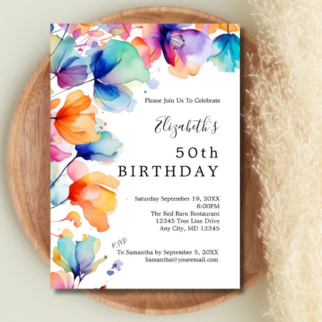 Bright Watercolor Floral 50th Birthday Invitation (Orange Blue Purple Bright Watercolor flowers 50th Birthday ( or any year ) Invitation for her)