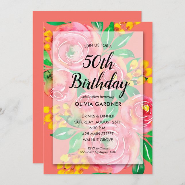 Bright Watercolor Floral Birthday Invitations (Front/Back)