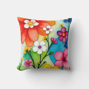 Bright Watercolor Floral Garden Throw Pillow