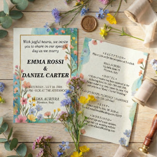 Bright Watercolor Floral & Gold Minimalist Wedding Invitation