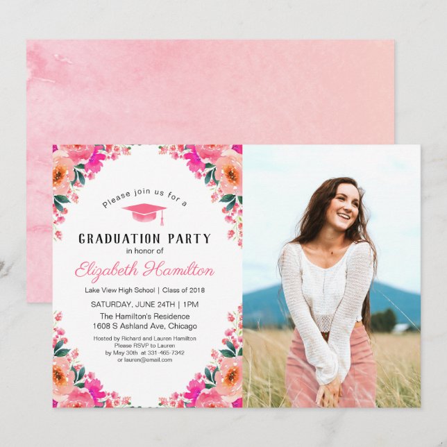Bright Watercolor Floral Graduation Party Photo Invitation (Front/Back)