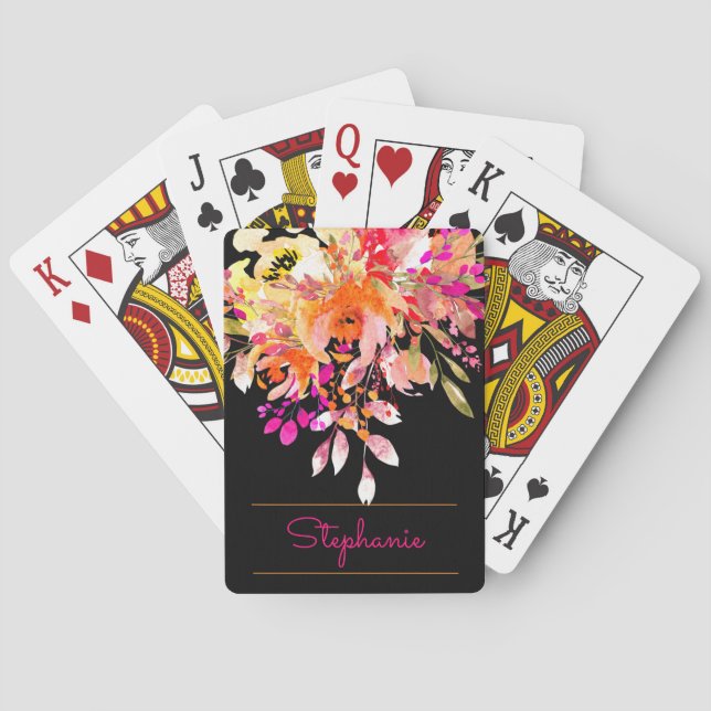 Bright Watercolor Floral + Modern Script Name Playing Cards (Back)