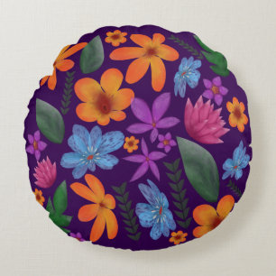 Bright Watercolor Floral Pattern Botanical Aesthet Round Cushion