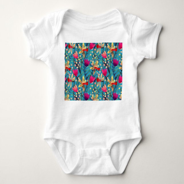 Bright Watercolor: Floral Seamless Design. Baby Bodysuit (Front)