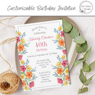 Bright Watercolor Florals 40th Birthday Invitation