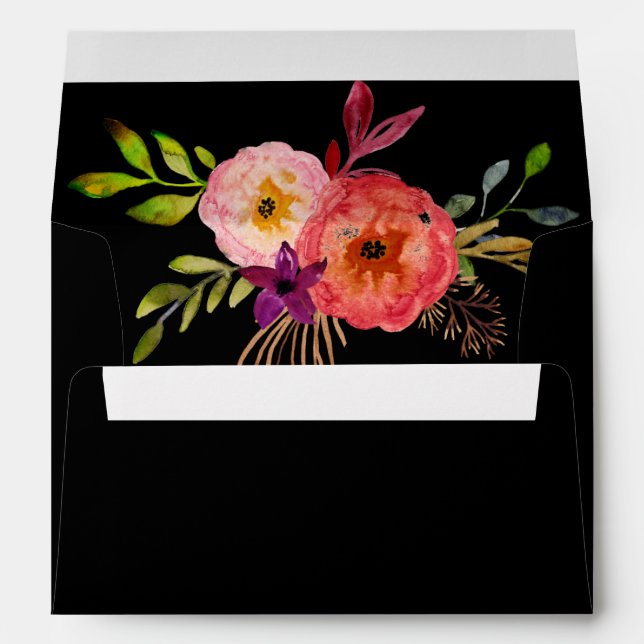 Bright Watercolor Flowers on Black Envelope (Back (Bottom))