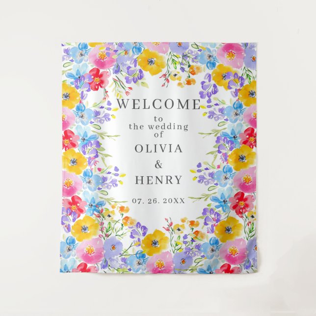 Bright Watercolor Flowers Welcome Wedding Tapestry (Front)