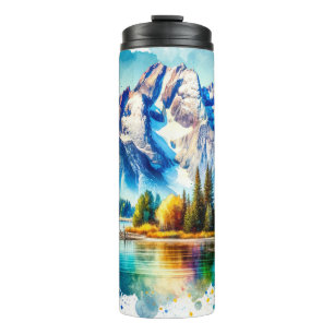 Bright watercolor Grand Teton National Park Wyomin Thermal Tumbler