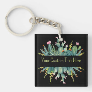 Bright Watercolor Succulent Cactus Custom Text  Key Ring