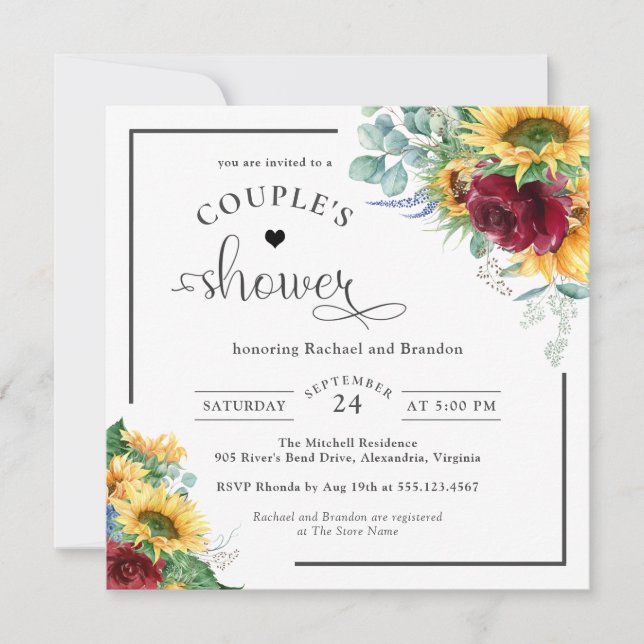 Bright Watercolor Sunflowers Couple's Shower Invitation (Front)