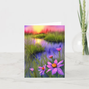 Bright watercolor sunset pond and flowers custom card