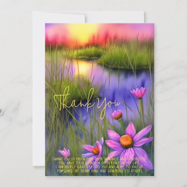 Bright watercolor sunset pond and flowers custom card (Front)