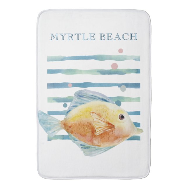 BRIGHT WATERCOLOR TROPICAL FISH,  BEACH VACATION  BATH MAT (Front Vertical)