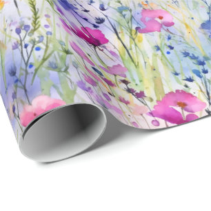 Bright Watercolor Wildflowers Blue Pink and Purple Wrapping Paper