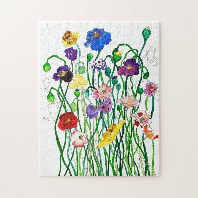 Bright Whimsical Colourful Wild Poppy Watercolour  Jigsaw Puzzle (Vertical)