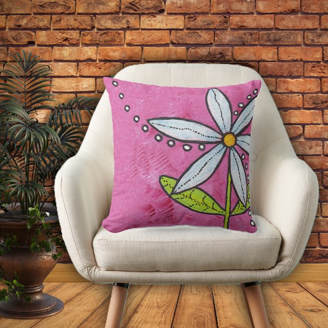 Bright Whimsical Daisy Flower Green Leaves Pink Outdoor Cushion (Big bright bold white daisy flower on stem with leaf white dots on vibrant pink home decor pillow.)