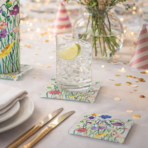 Bright Whimsical Watercolor Wild Poppy  Glass Coaster