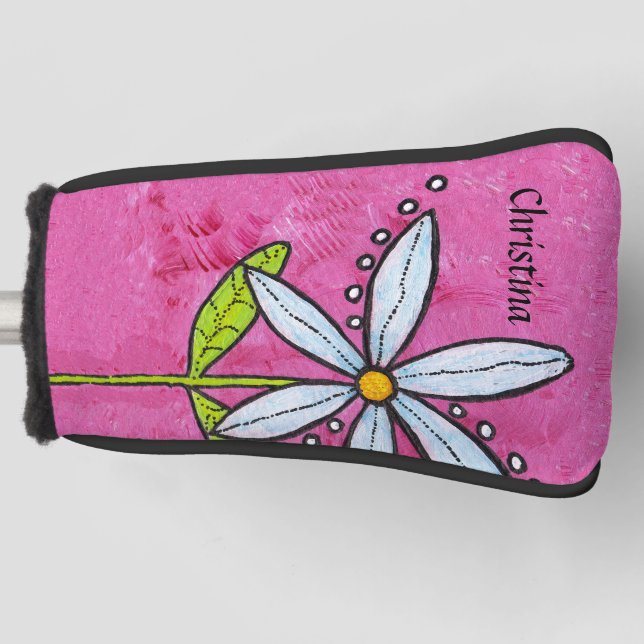 Bright Whimsical White Daisy Flower Leaves Pink Golf Head Cover (Front)