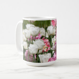 Bright white and pink tulips on a sunny    coffee mug