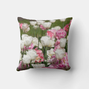 Bright white and pink tulips on a sunny day cushion
