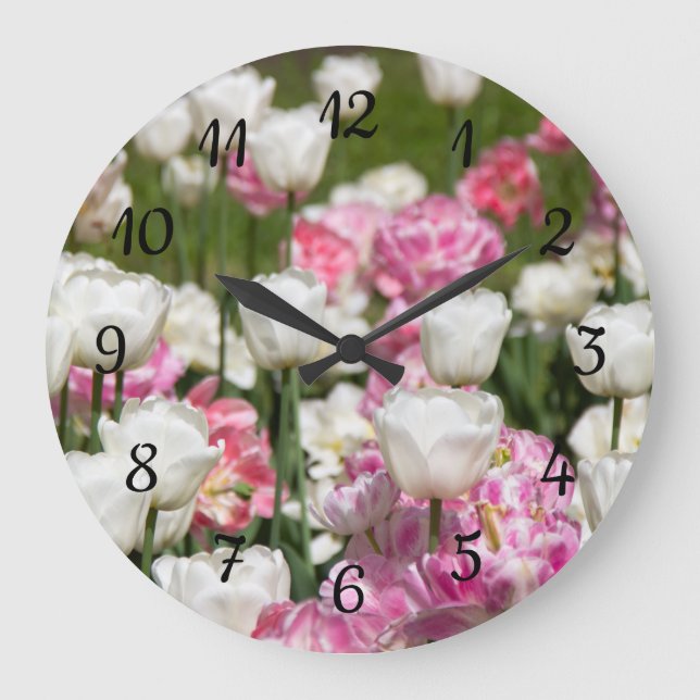 Bright white and pink tulips on a sunny day  large clock (Front)