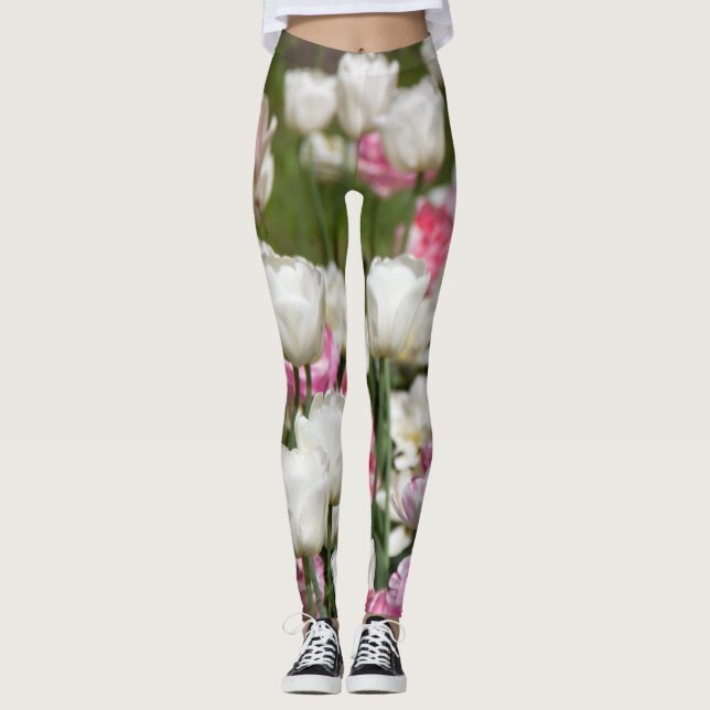 Bright white and pink tulips on a sunny day   leggings (Front)