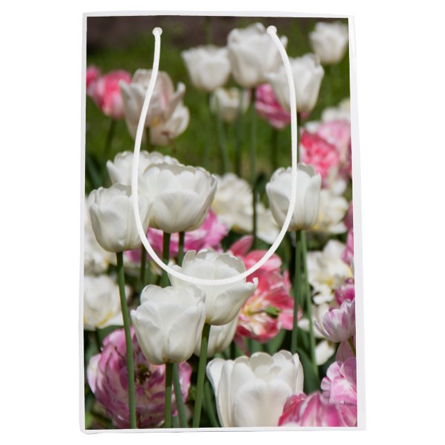 Bright white and pink tulips on a sunny day    medium gift bag (Front)