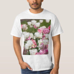 Bright white and pink tulips on a sunny day  T-Shirt