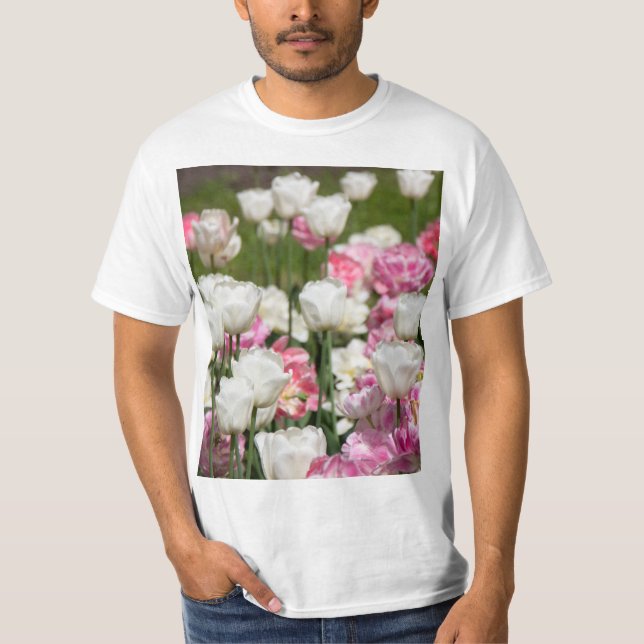 Bright white and pink tulips on a sunny day  T-Shirt (Front)